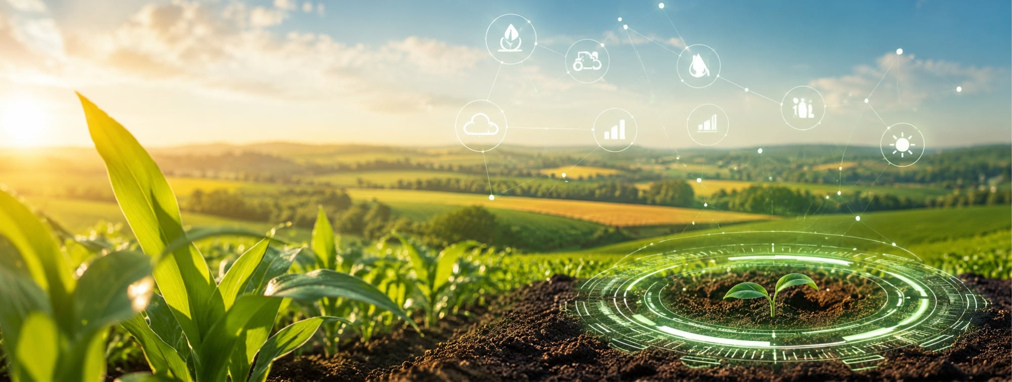 Paysage agricole au lever du soleil avec jeunes pousses dans un champ et visualisation numérique symbolisant l’innovation, les données et l’intelligence artificielle au service de l’agriculture.